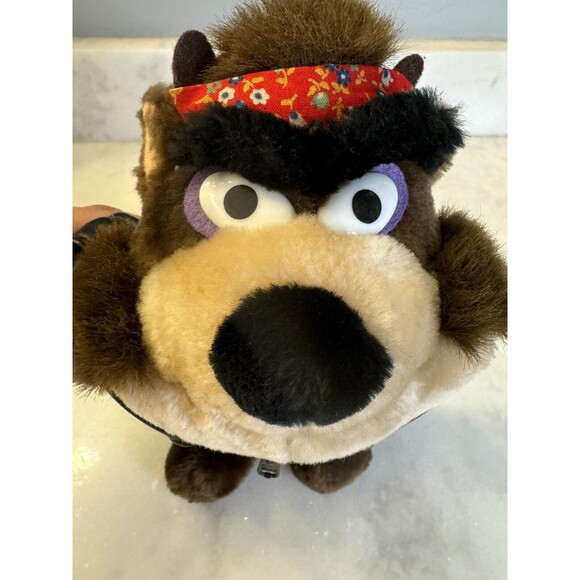 Tasmanian Devil Black Leather Motorcycle Biker Jacket Bandana 1993 9" Plush - Picture 7 of 12